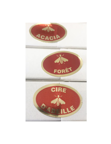 ETIQUETTE OVALE CIRE D'ABEILLE ROULEAU DE 1000 FOND ROUGE ECRITURE OR